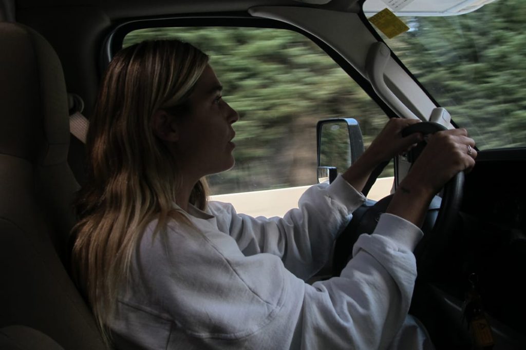 woman driving an rv