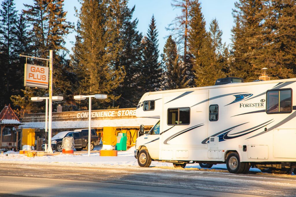 Winter rving stopped at gas station