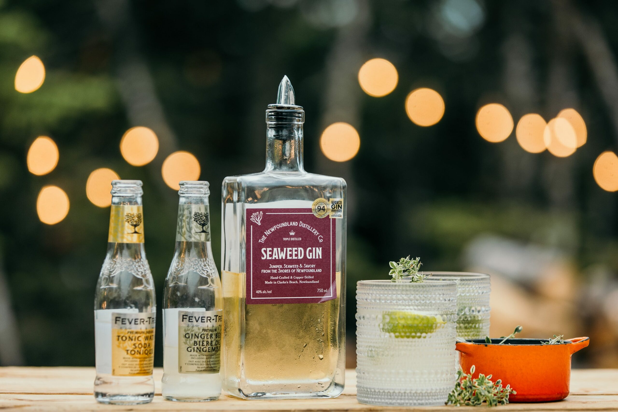 Seaweed gin bottle with cocktail glass