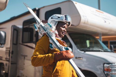 BGOW participant getting their skis from the RV and getting ready to go to the slopes at Stoneham Resort in Quebec