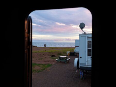 View of the ocean from inside an RV
