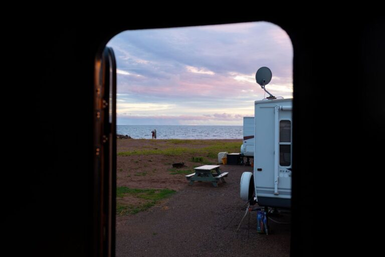 View of the ocean from inside an RV