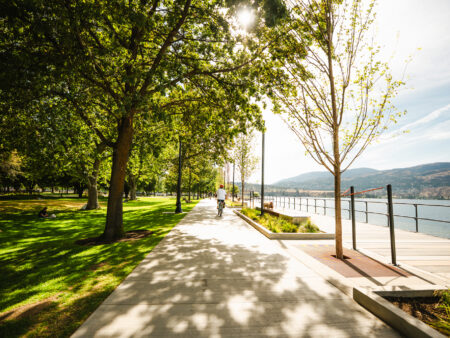 E-biking downtown promenade on a Kelowna RV road trip