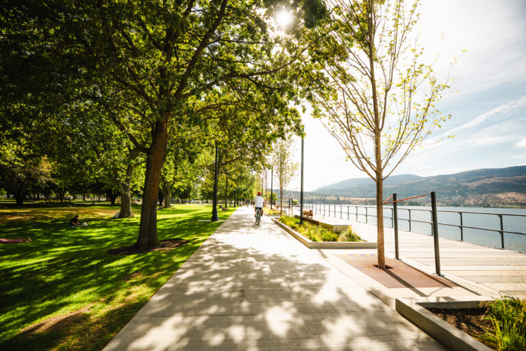 E-biking downtown promenade on a Kelowna RV road trip