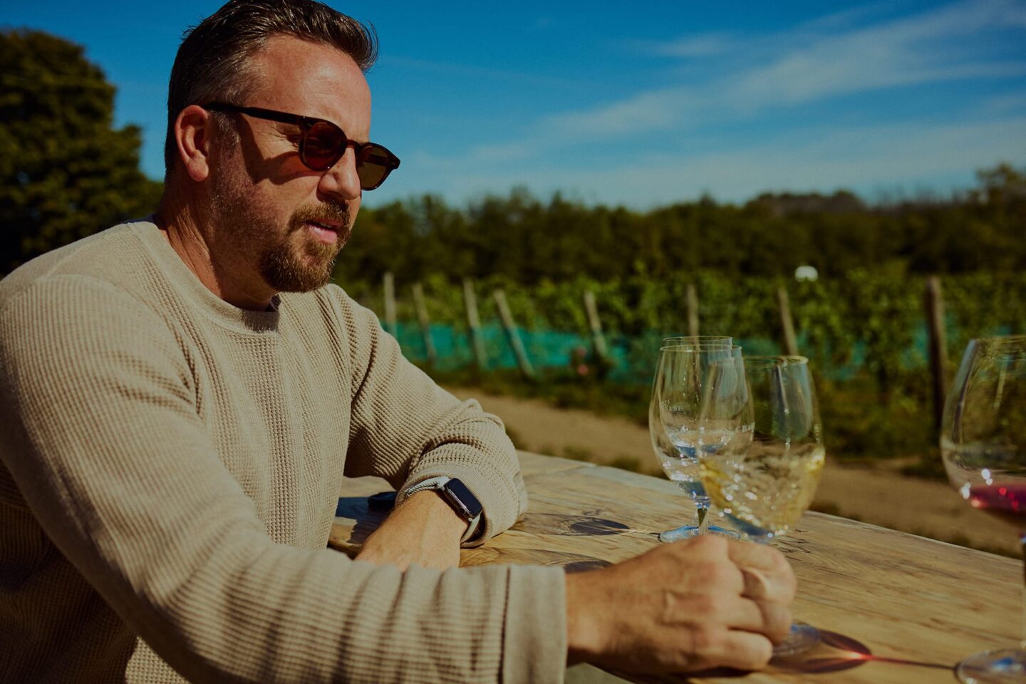 Man drinking wine in vineyard rows at Closson Chase Vineyards in Hillier Ontario
