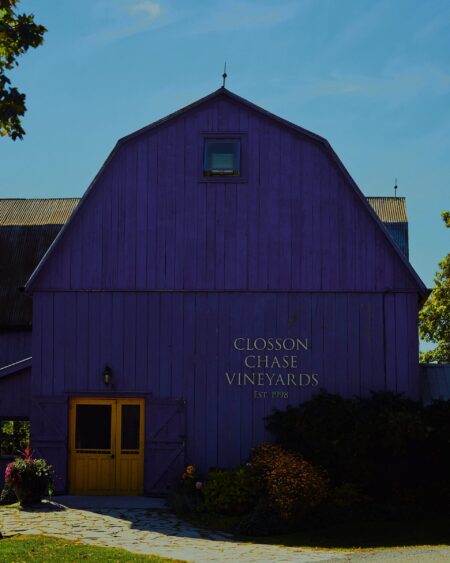 The iconic purple barn and vineyard rows at Closson Chase Vineyards in Hillier Ontario