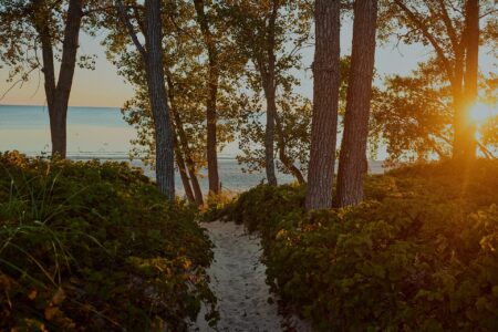 Path leading to the shoreline of Outlet Beach at Sandbanks Provincial Park during golden hour