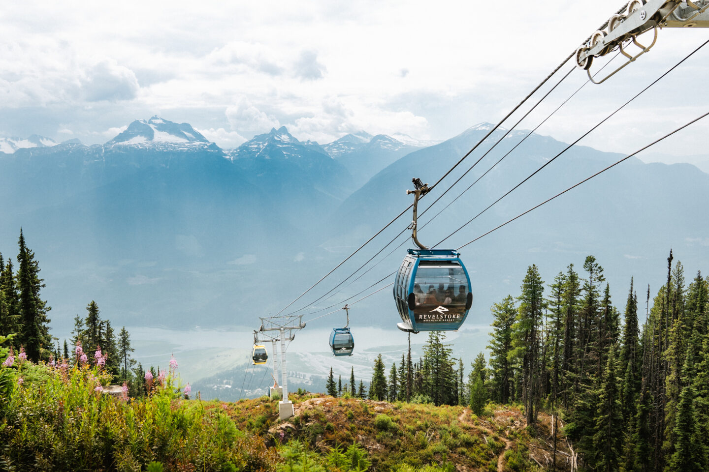 Revelation Gondola climbing above alpine wildflower meadows at Revelstoke Mountain Resort
